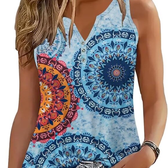 ETCYY NEW womens Classic Embellished Tank Top Blouse SIZE MEDIUM Lt Blue Multi - Picture 1 of 9